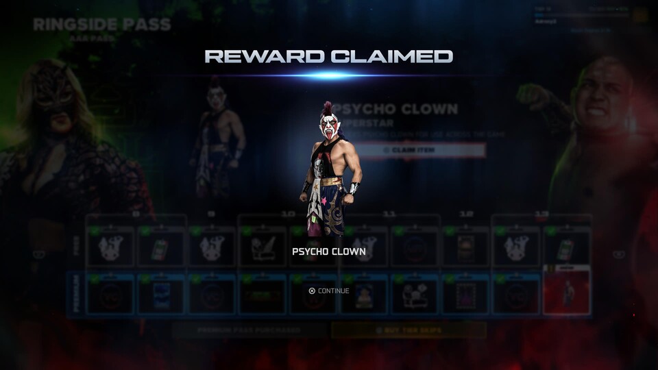 Der Ringside Pass bietet vier DLC-Wrestler, die ich alle freischalten muss. Psycho Clown hier (Wrestling ist so wundervoll dumm) hat mich 30 Stunden Spielzeit gekostet.