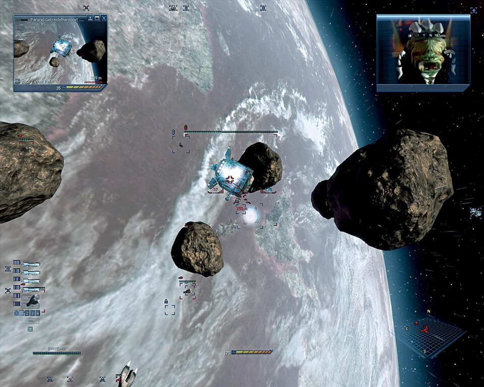 In einem Asteroidenfeld beschießen wir einen ungeschützten Transporter. Der Pilot meckert heftig, rückt aber seine Waren raus.