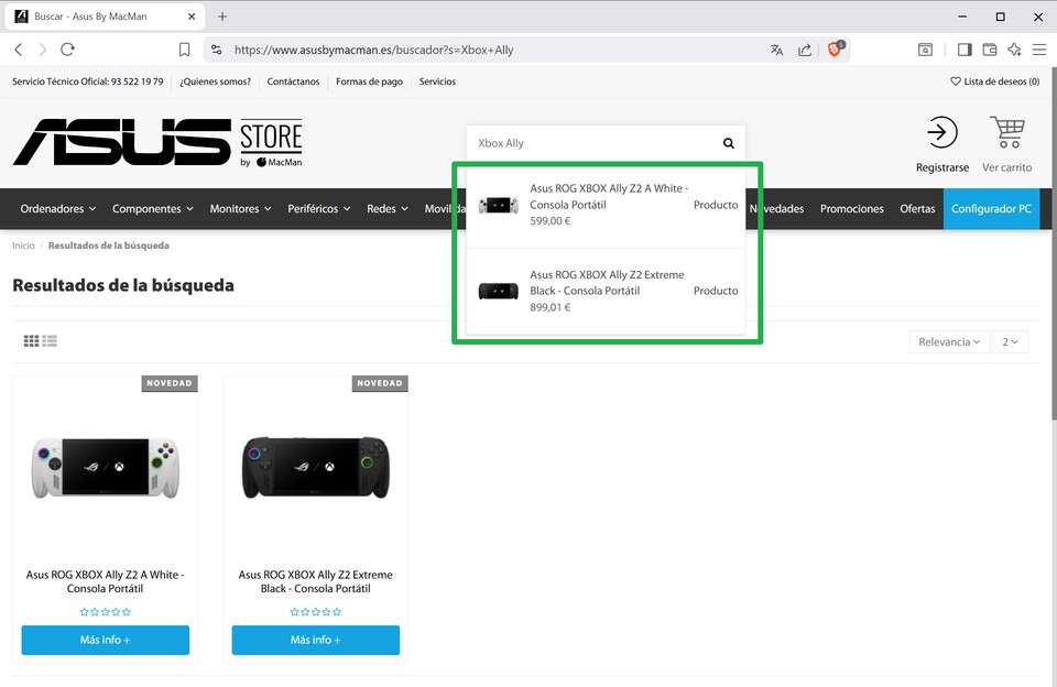 Die Suchbox zeigt die Preise der beiden Xbox-Handhelds an. (Bildquelle: The Asus Store by MacMan)