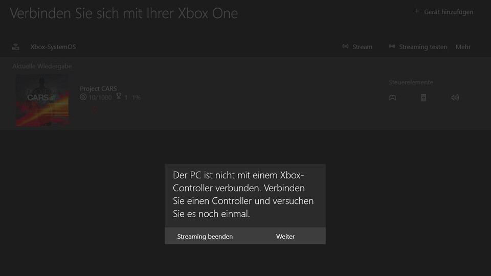 Wenn kein Controller mit XInput-Unterstützung angeschlossen ist, können Sie die Xbox One beim Streaming nicht vom PC aus bedienen.