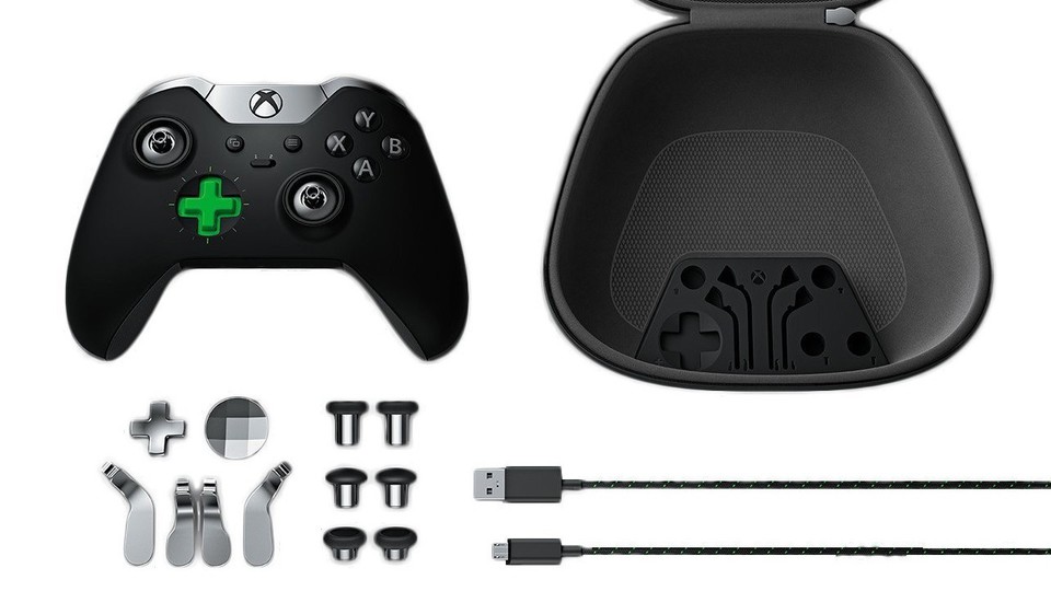 Der Xbox One Elite Controller kommt in einer schicken Tragetasche. Darin finden auch Alternativen für die Sticks und das Steuerkreuz Platz. Dank Magneten sind die in Sekunden montiert und dennoch stabil. 