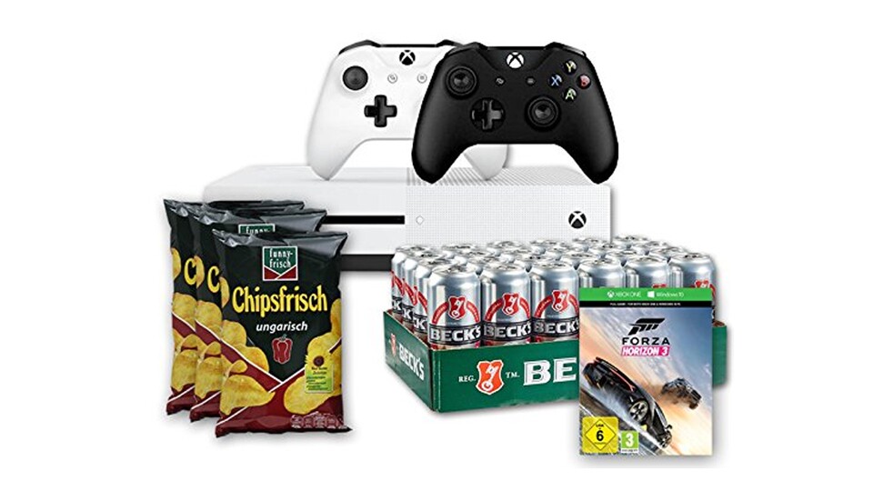 Ideal für eine (oder zwei, drei, vier...) lange Gaming-Session: Das Xbox One Bundle auf Amazon hat Forza Horizon 3, einen zweiten Wireless Controller sowie auch Bier und Chips mit im Gepäck.