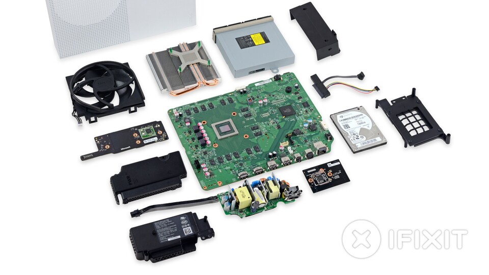 Die Kollegen der Webseite iFixIt.com haben die Xbox One S in ihre Einzelteile zerlegt. Der SoC ist zwar um 33 Prozent kleiner als der SoC der Xbox One, Architektur und GPU bleiben aber weitgehend identisch. (Quelle: www.ifixit.com)