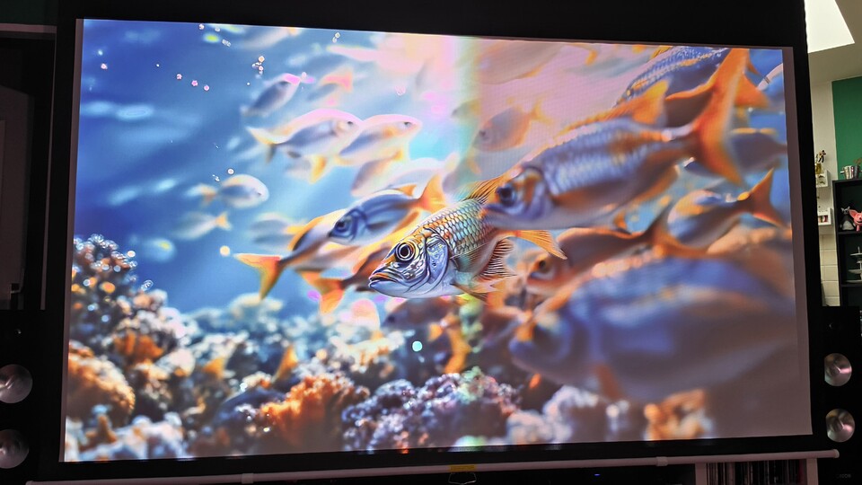 Direkter Helligkeitsvergleich mit halb abgedunkelten Linsen auf derselben Leinwand: Links der neue XGIMI TITAN Noir Max (Helligkeitseinstellung dynamisch), rechts der Valerion Vision Master Pro 2 von 2024. Die Differenz ist enorm.