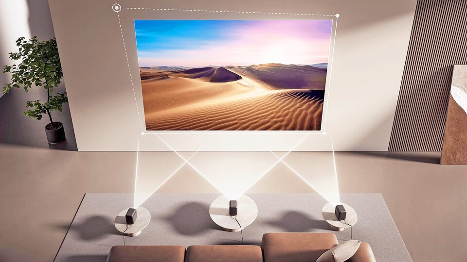 Der Xiaomi Smart Projector L1 stellt sich aus jedem Winkel automatisch so ein, dass das Bild immer gerade ist.