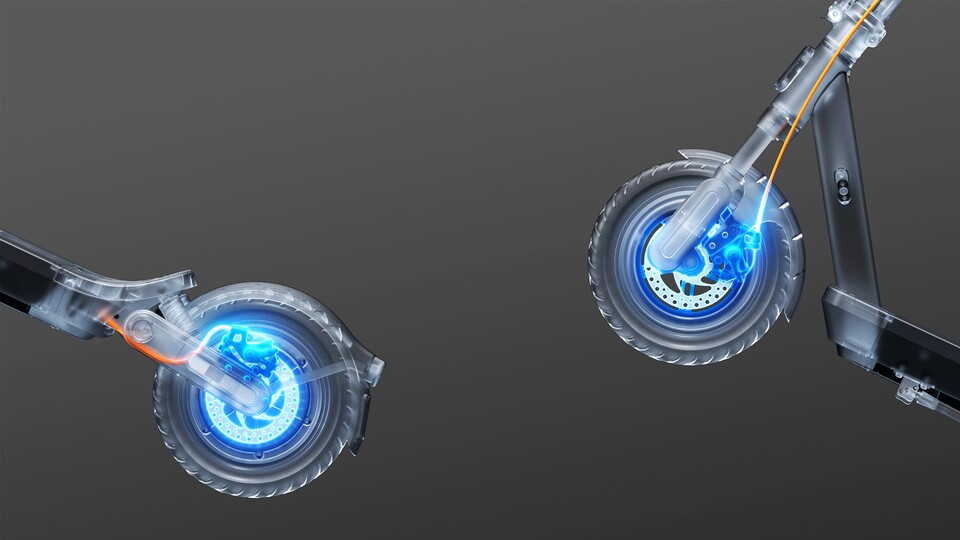 Zwei Scheibenbremsen bieten deutlich mehr Bremskraft und bringen euch dank E-ABS schnellstmöglich zum Stillstand.