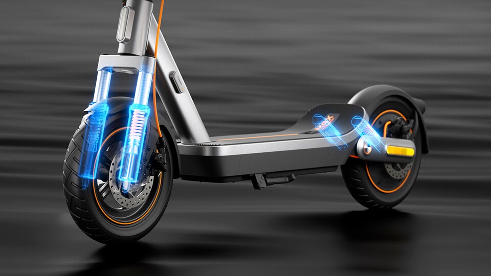 Die Stoßdämpfer in der vorderen Federgabel haben zwei Härtegrade – zunächst weich, was den Fahrkomfort verbessert und bei schweren Erschütterungen härter, um euren Rücken und eure Knie zu schonen.