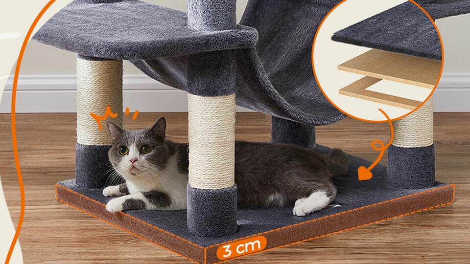 Sicherheit auf allen Ebenen: Hochwertige Holzspanplatten und eine solide Konstruktion tragen bis zu 75 kg – da wackelt nichts, egal wie groß eure Katzenherde ist.