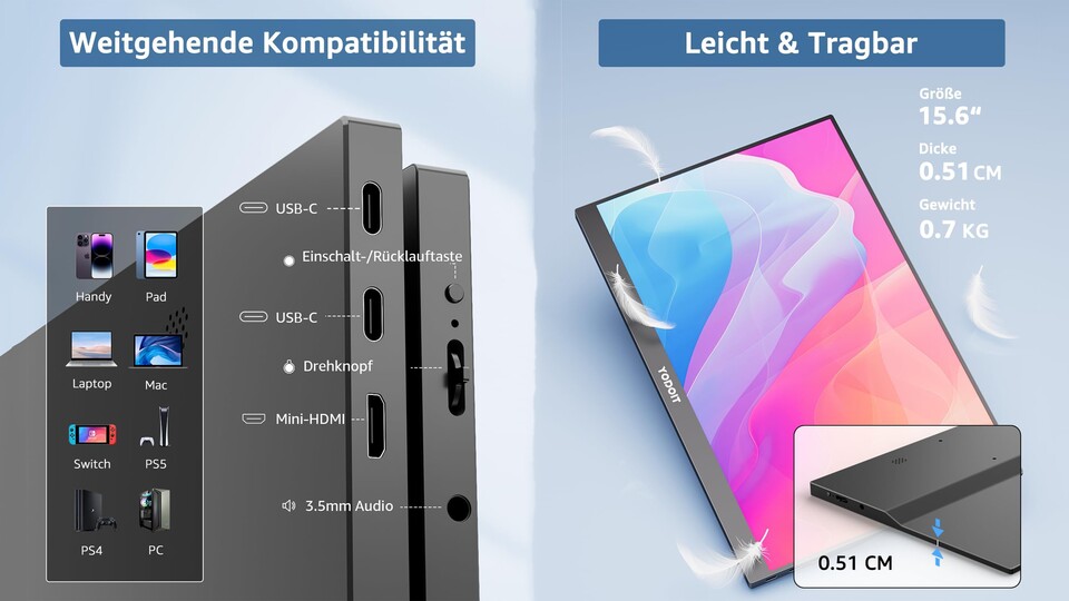 Mit vielen Verbindungsmöglichkeiten und dem Gewicht ist das für mich der perfekte Monitor für die Laptoptasche aus der Arbeit!