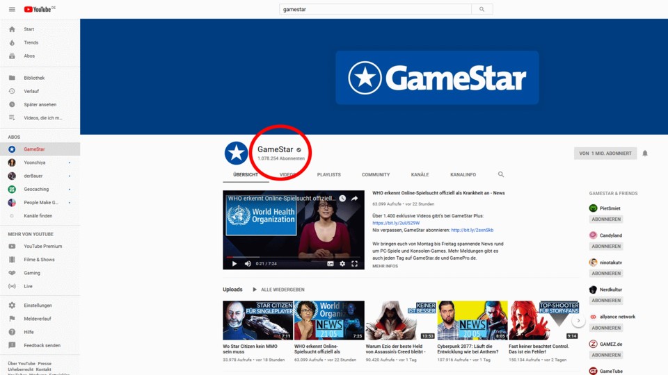 Ändert Youtube die Anzeige der Abozahlen, sehen Nutzer nur noch eine gerundete Zahl - im Fall des Gamestar Youtube-Kanals eine Million anstatt aktuell 1.078.254 Abonnenten.