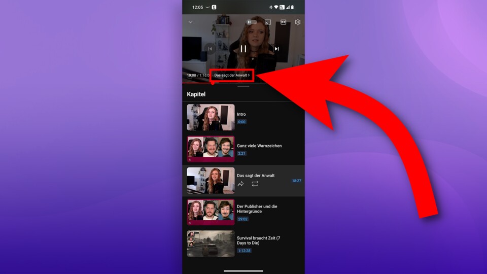 Tippt ihr hier auf den Namen des Kapitels, werden euch alle Kapitel des Videos übersichtlich angezeigt.