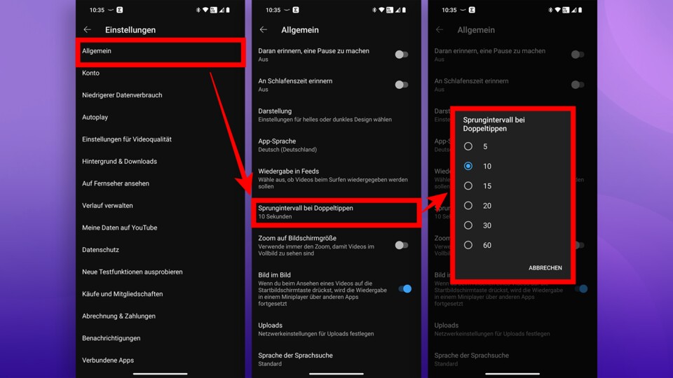 Falls euch 10-Sekunden-Sprünge zu lang sind, könnt ihr die Doppeltipp-Geste auch auf 5-Sekunden-Sprünge reduzieren.