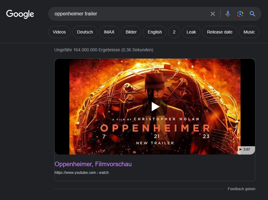 In der Google-Suche wird bei passenden Treffern direkt das YouTube-Video eingeblendet.