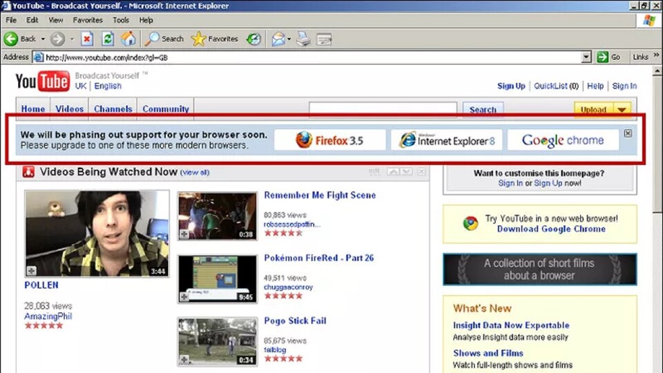 Der Internet Explorer 6-Banner bei Youtube (Bild Chris Zacharias)