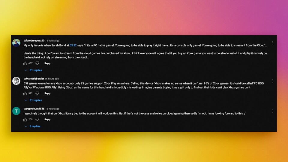 Die drei Top-Kommentare unter dem neuen Xbox-Video. (Bildquelle: xboxyoutube)
