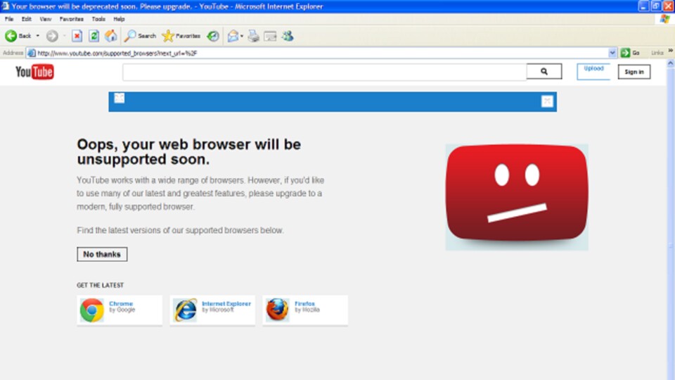 Youtube warnt auch heute noch vor veralteten Browsern (Screenshot Arstechnica.com)
