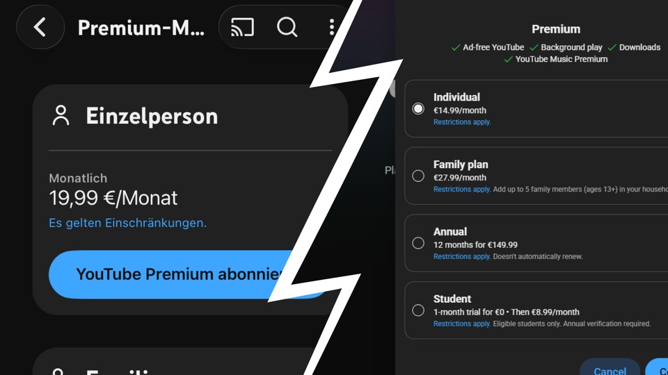 YouTube Premium kostet auf dem iPhone (l.) 5 Euro mehr als im Browser (r.).