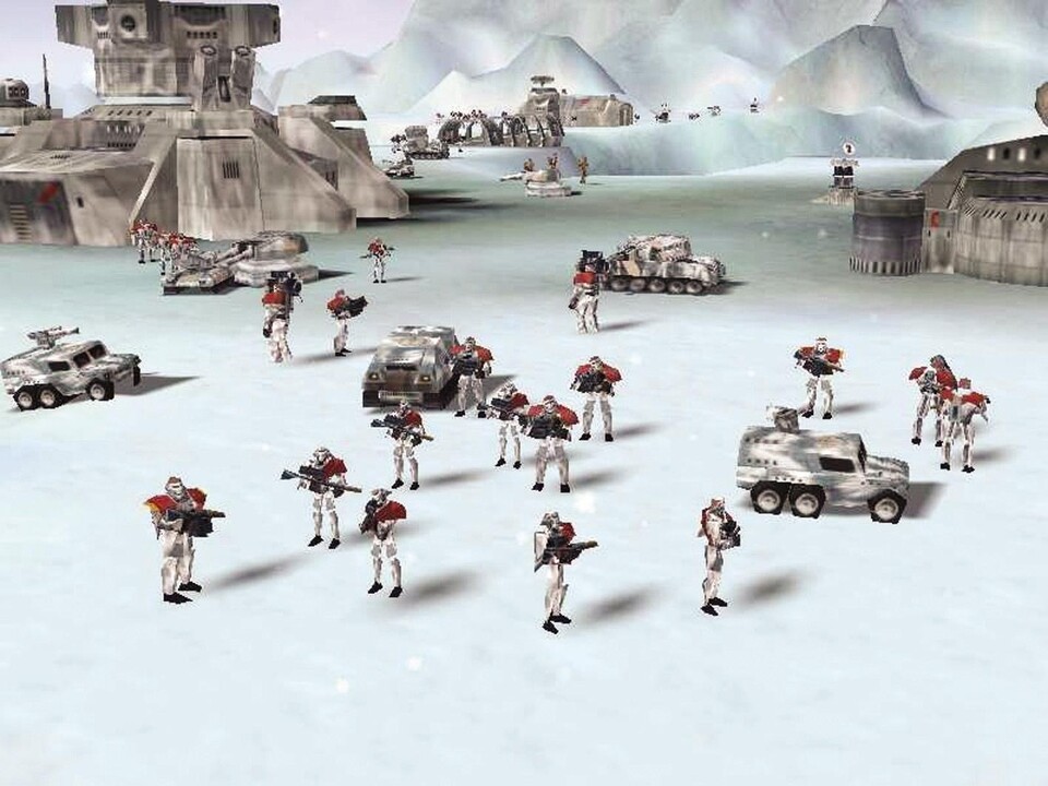 Auf diesem Bild haben die Entwickler der Bitmap Brothers einige Einheiten aus Steel Soldiers in der Eiswelt positioniert. Schön zu sehen sind die Androiden, die schwer bewaffnet darauf lauern, möglichst viele gegnerische Fahnen und Fahrzeuge einzunehmen.