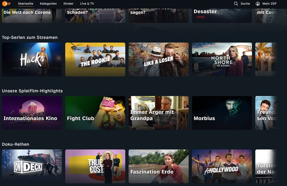 Ein Blick in das neue Streaming-Portal des ZDF mit verschiedenen Kategorien