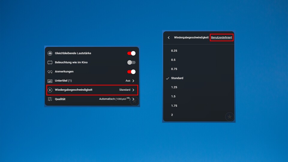 Beispiel: Wenn ihr ein YouTube-Video schaut, drückt im Player unten rechts auf das Zahnrad-Symbol und wählt »Wiedergabegeschwindigkeit« aus. Jetzt könnt ihr zwischen ein paar Presets wählen oder euer eigenes Tempo bestimmen.
