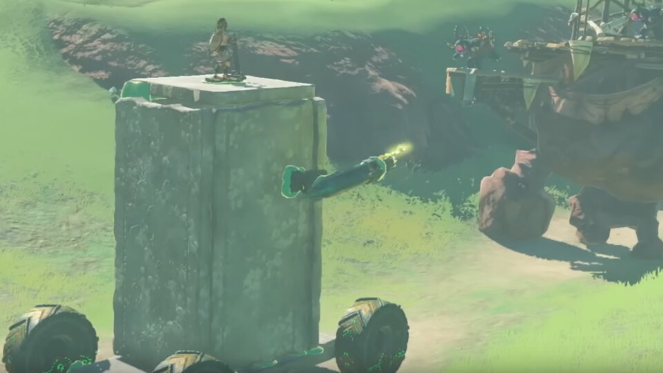 Link steuert in seinem Abenteuer rollende Kampfgefährte, um gegen gegnerische Mobilfestungen anzutreten.