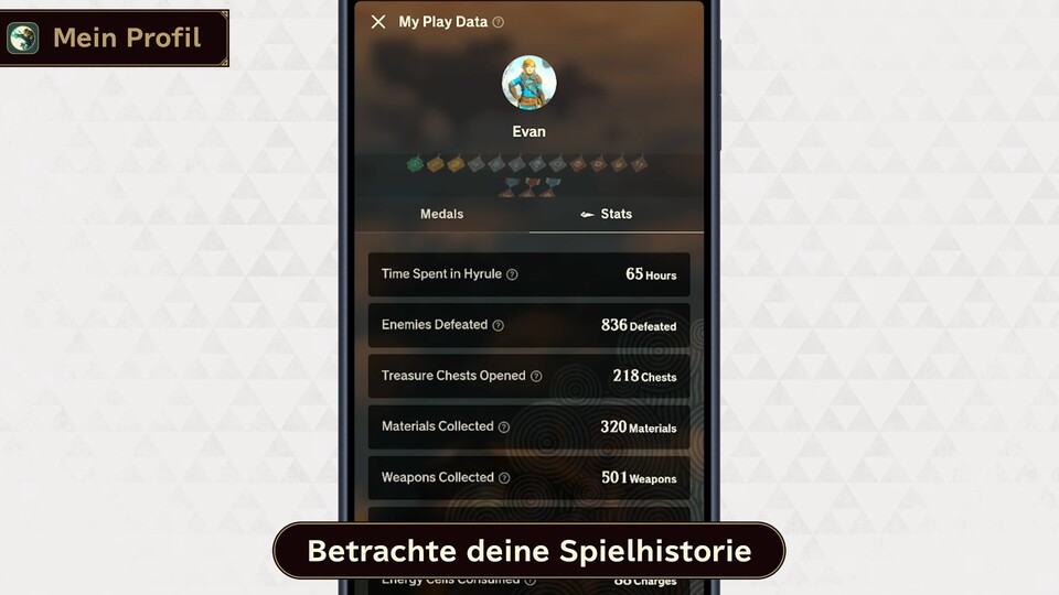 Mit Zelda Notes könnt ihr eure Spielstatistiken ansehen und euch durch erreichte Meilensteine Medaillen verdienen.