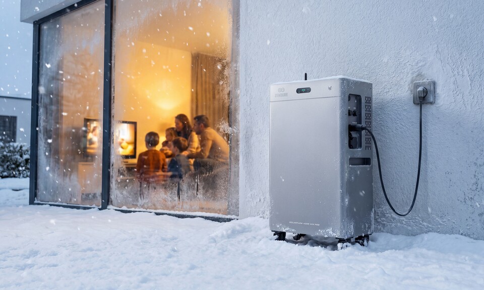 Selbst bei einem winterlichen Blackout sitzt ihr mit einem Zendure-Speicher in der gemütlich-warmen Wohnung - der Akku hat es dank integrierter Heizung auch warm.