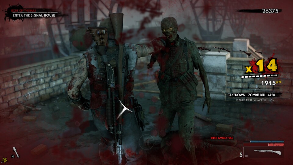 Dieser Zombie ist eher armlos (haha!), also erledigen wir ihn im Nahkampf und regenerieren so etwas Leben.