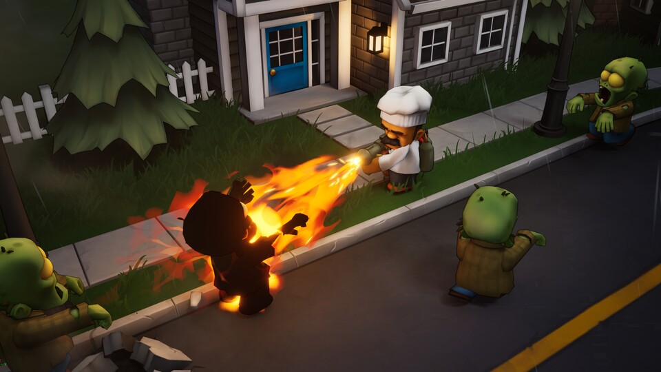 Ein Zombie wird fachgerecht vom Koch flambiert. Zombieville setzt auf einen verspielten Grafikstil und lustige Kostüme.