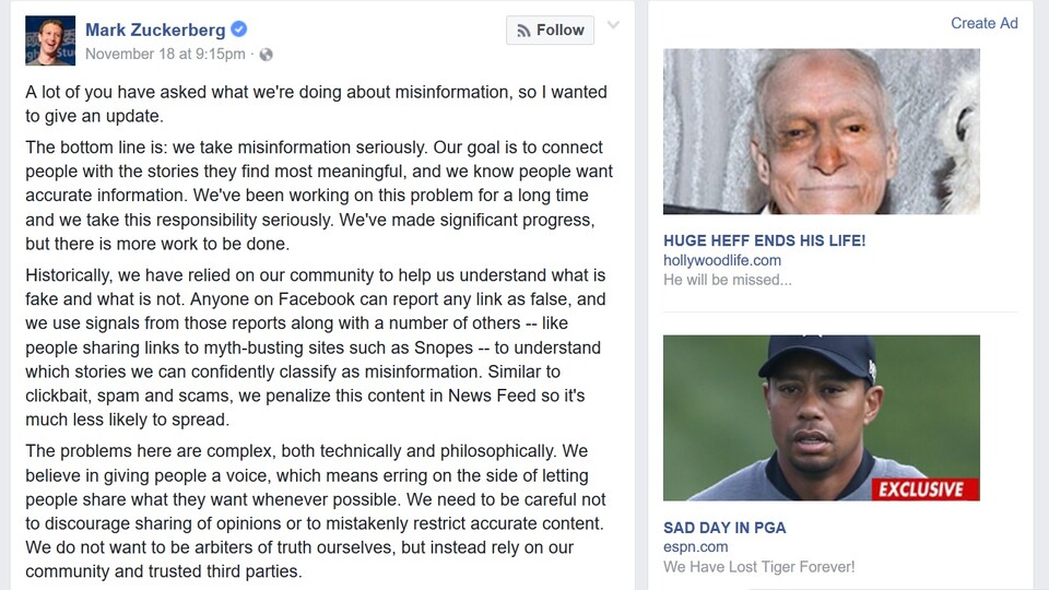 Zuckerbergs sagt Desinformation und Fake News den Kampf an - neben Werbung für Fake-News-Webseiten. (Bildquelle: 10 Zen Monkeys)