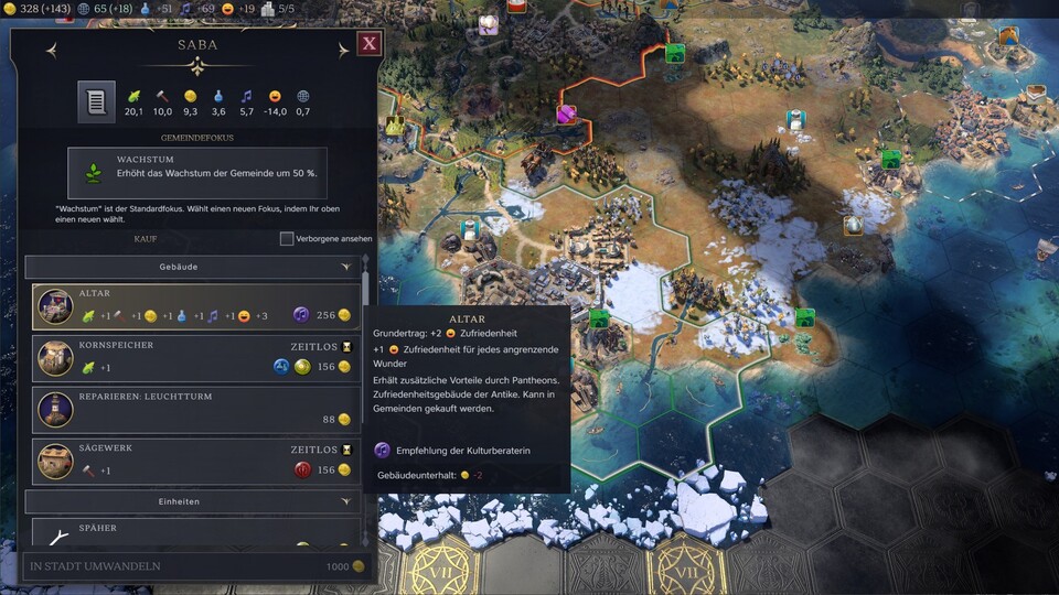 Gebäude gewähren euch dauerhaft Boni auf die lokale Zufriedenheit. Der Bau lohnt sich meist!