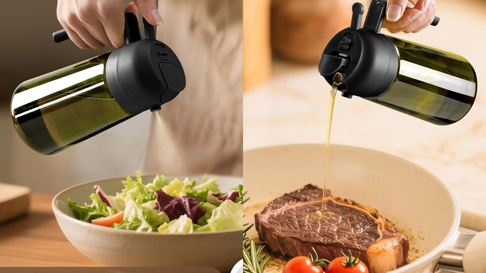 Per Knopfdruck Sprühen oder aufklappen für das klassische Tröpfelfreie gießen. Der Griff hält die Finger schön weit weg vom Öl.