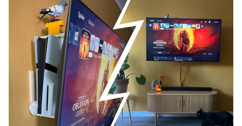 Spieler klemmt seine PS5 Pro hinter den aufgehängten TV: Geniestreich oder blöde Idee?