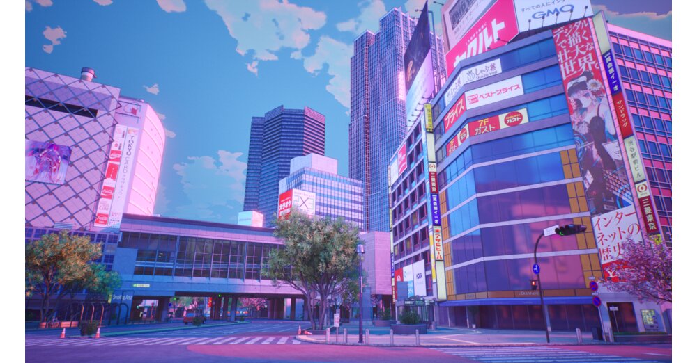 ue5デモからの明るい色のアニメスタイルのスクリーンショットの東京