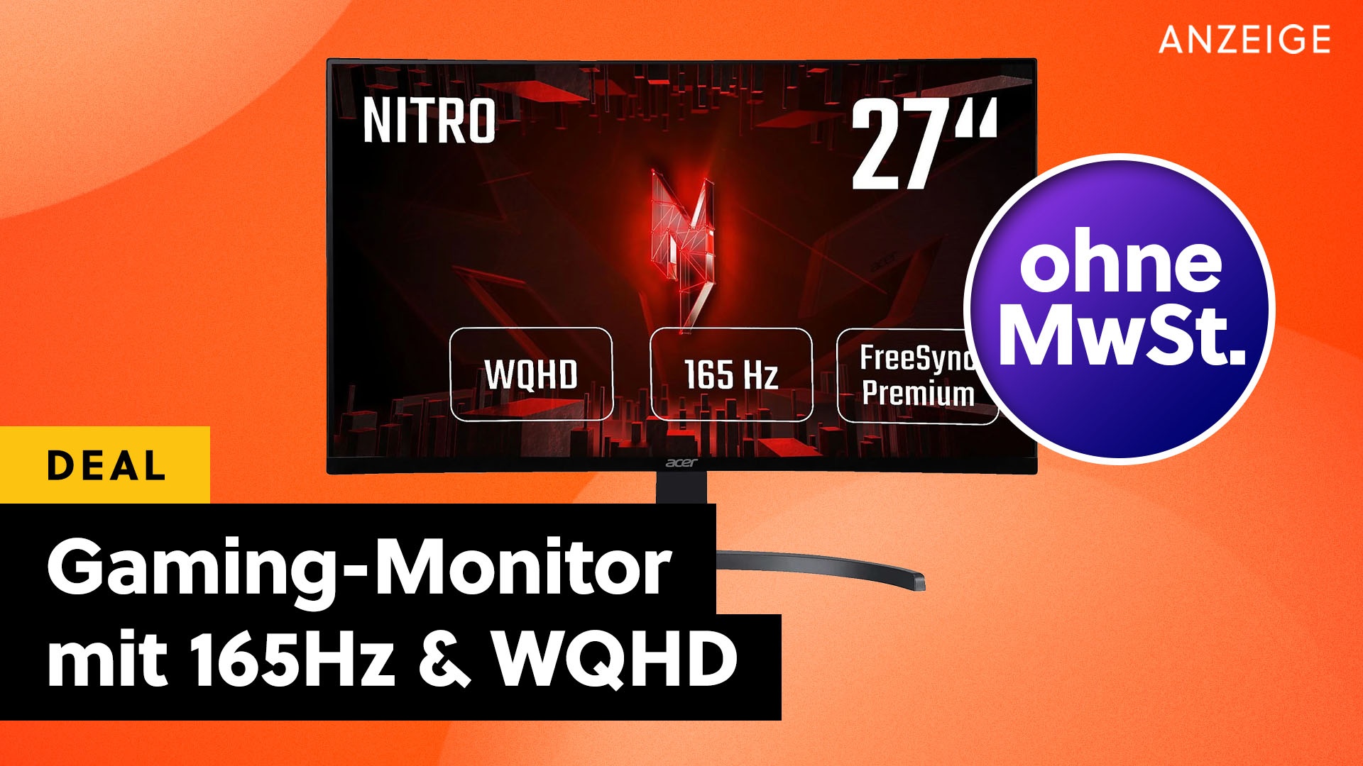 Nur für kurze Zeit: Acer Gaming-Monitor mit WQHD & 165Hz fällt unter 200€ in MediaMarkt MwSt.-Aktion