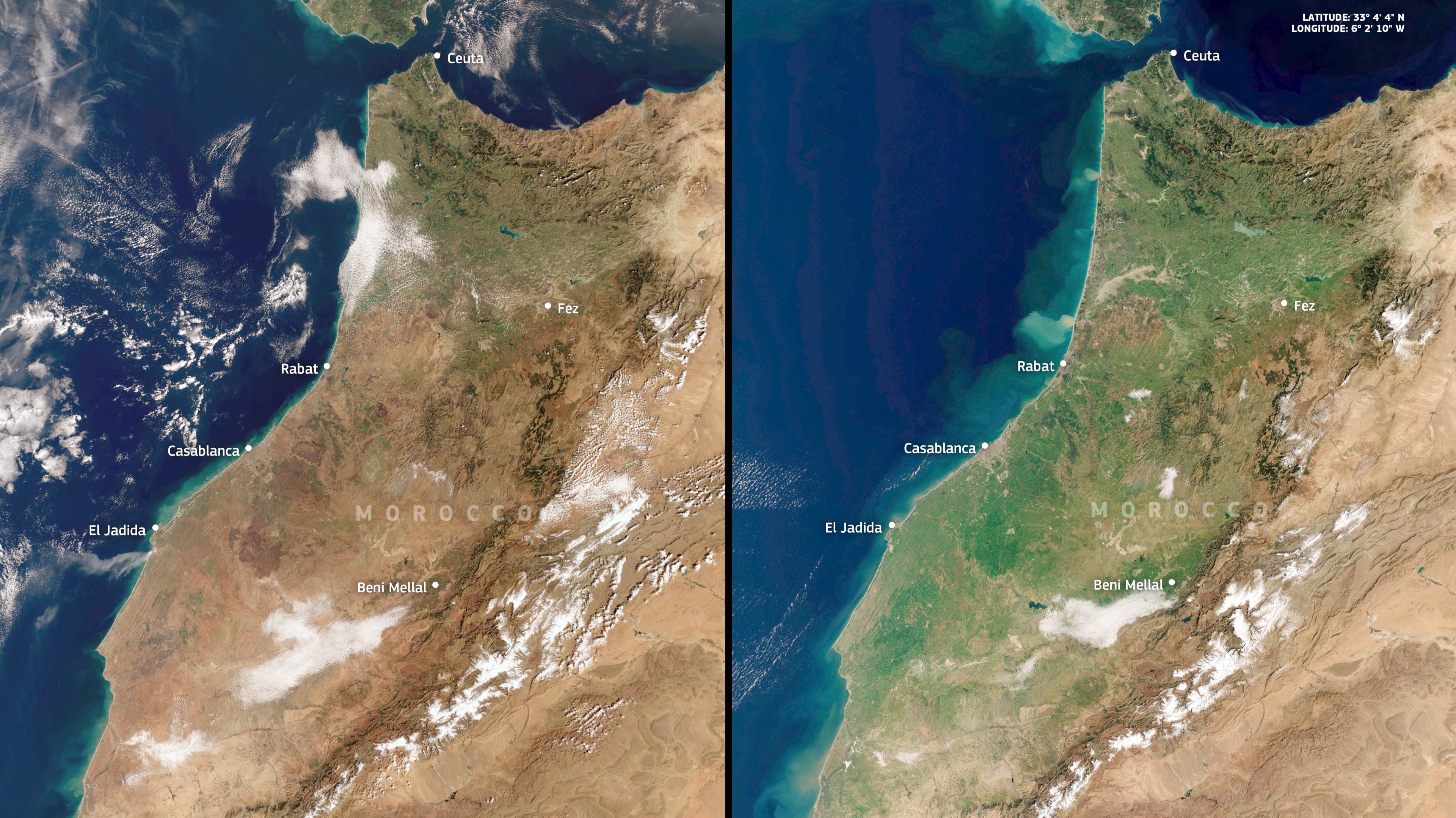 Special: Wissenschaft - Satellitenbilder lassen keinen Raum für Zweifel: In Marokko hat es so viel geregnet, dass es dort seit einem Jahrzehnt nicht mehr so grün aussah