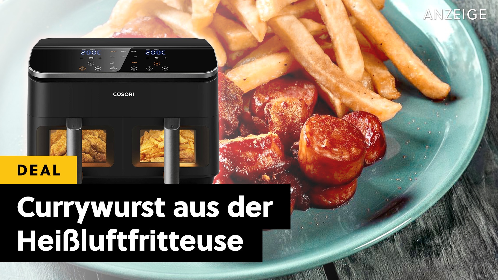 Currywurst mit Pommes aus dem Airfryer – alles frisch, einfach und schnell gemacht! Schmeckt besser als im Freibad
