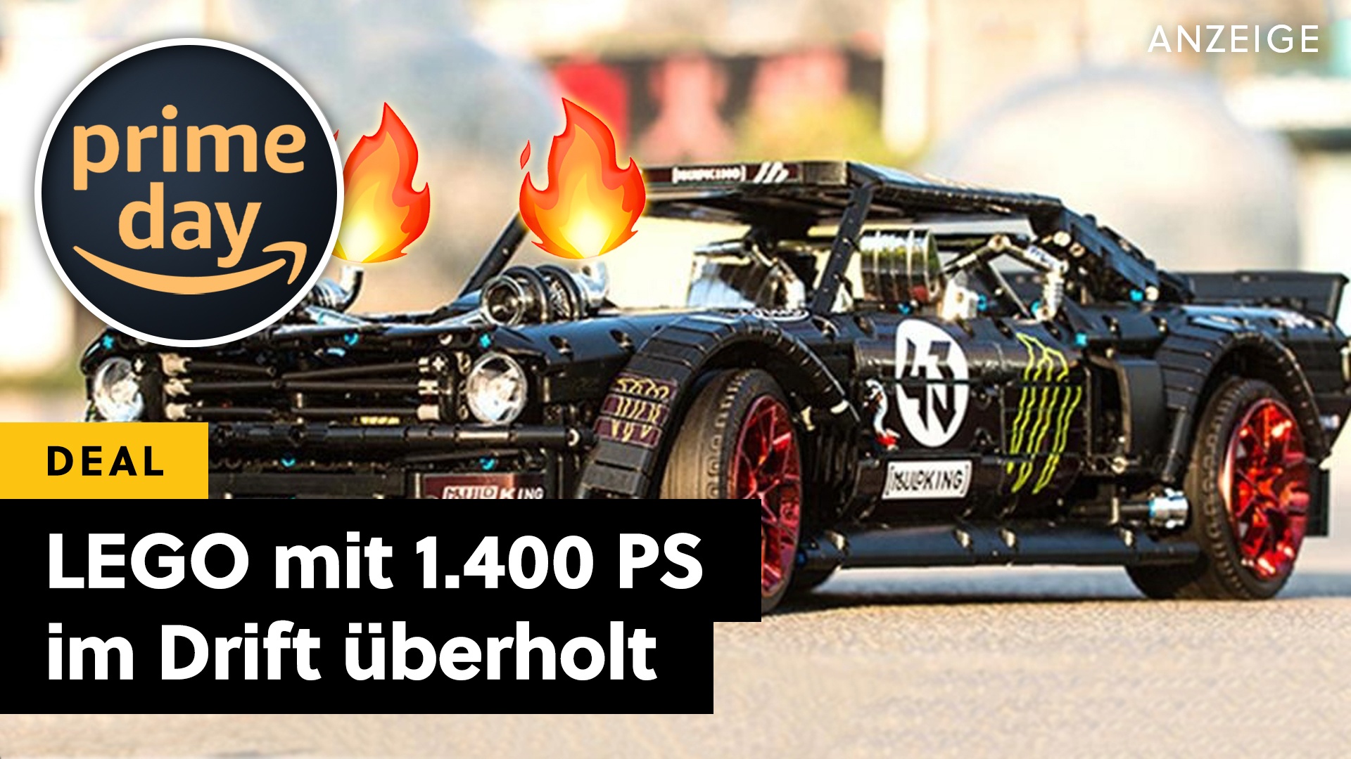 LEGO steht im Reifenqualm dieses 1.400-PS-Monsters: Wenn zwei Turbos Flammen aus der Haube spucken, kann es nur ein Auto sein!
