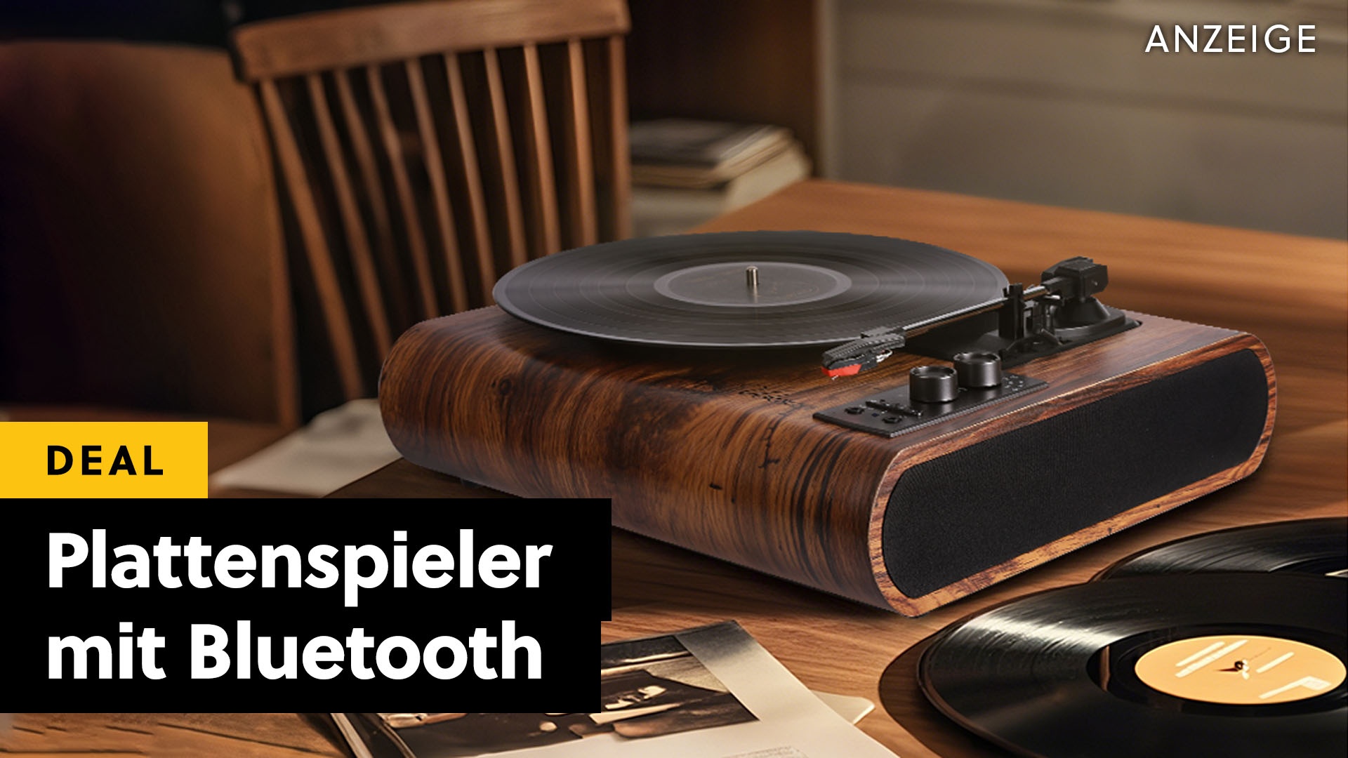 Moderner Plattenspieler mit Bluetooth & edler Walnuss-Optik im Angebot zum Preis einer Pink Floyd Schallplatte