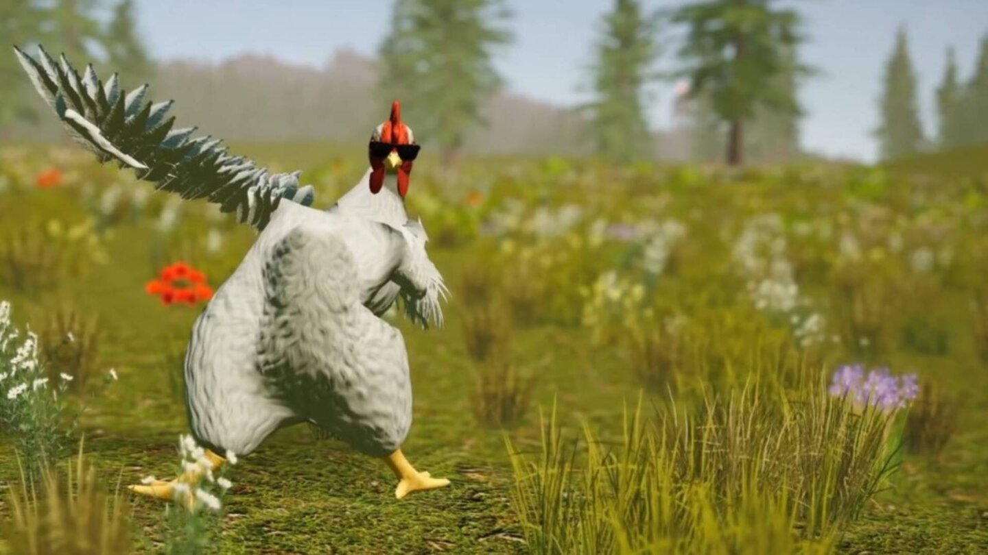 In diesem abgedrehten Action-RPG schießt ihr als Huhn explosive Eier auf bewaffnete Füchse