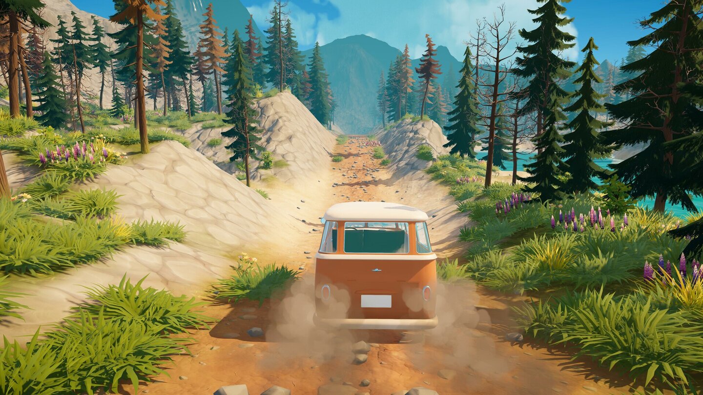 Outbound ist ein Cozy-Survivalspiel für PS5, in dem ihr im VW-Bus durch eine schöne Open World rast