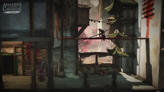 Assassins Creed Chronicles: ChinaEine Farbcodierung hilft bei der Orientierung im Spiel. Rote Pinselstriche weisen auf Klettermöglichkeiten hin. Verstecke sind immer grün.