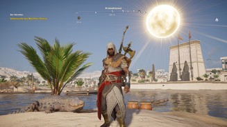 Assassins Creed: Origins - Der Fluch der PharaonenDie Totenreiche sind liebevoll gestaltet. Am Himmel schwebt die Sonnenscheibe Aton, eine von den alten Ägyptern verehrte Gottheit.