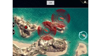 Assassins Creed PiratesIn den Attentatsmissionen sollte man die roten Sichtkegel der Feindschiffe meiden, um innerhalb des Zeitlimits zum Zielboot am linken Kartenrand zu gelangen. (iPad)