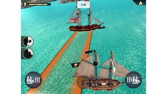 Assassins Creed PiratesBei den Ausweichmanövern ist schnelles Reagieren gefragt, damit das erstaunlich agile Piratenschiff keinen Schaden nimmt. (iPad)