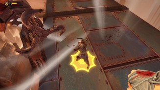 Bioshock Infinite (PC)Wenn man sich von einer Sky Line auf einen Gegner stürzt, wird der mit einem gelben Stern markiert.