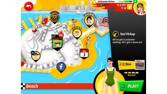 Crazy Taxi: City RushAuf den Übersichtskarten der einzelnen Areale können wir Aufträge auswählen. Die roten Balken bedeuten dabei, dass wir mehr Geld in unser Taxi stecken müssen, um die Mission überhaupt gewinnen zu können.