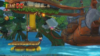 Donkey Kong Country: Tropical FreezeUm an die begehrten Buchstaben und Puzzleteile zu kommen, ist sich Donkey Kong auch für akrobatische Einlagen nicht zu schade.