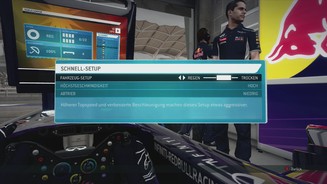 F1 2013 - Screenshots der Konsolen-VersionÜbers Fahrzeug-Setup können wir unsere Karre für das anstehende Rennen einstellen.