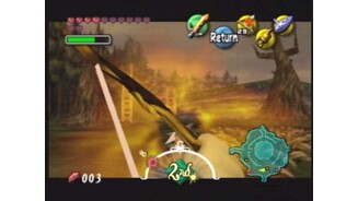 Link prepares to unleash a devastating volley of flaming arrows at an annoying eagle.